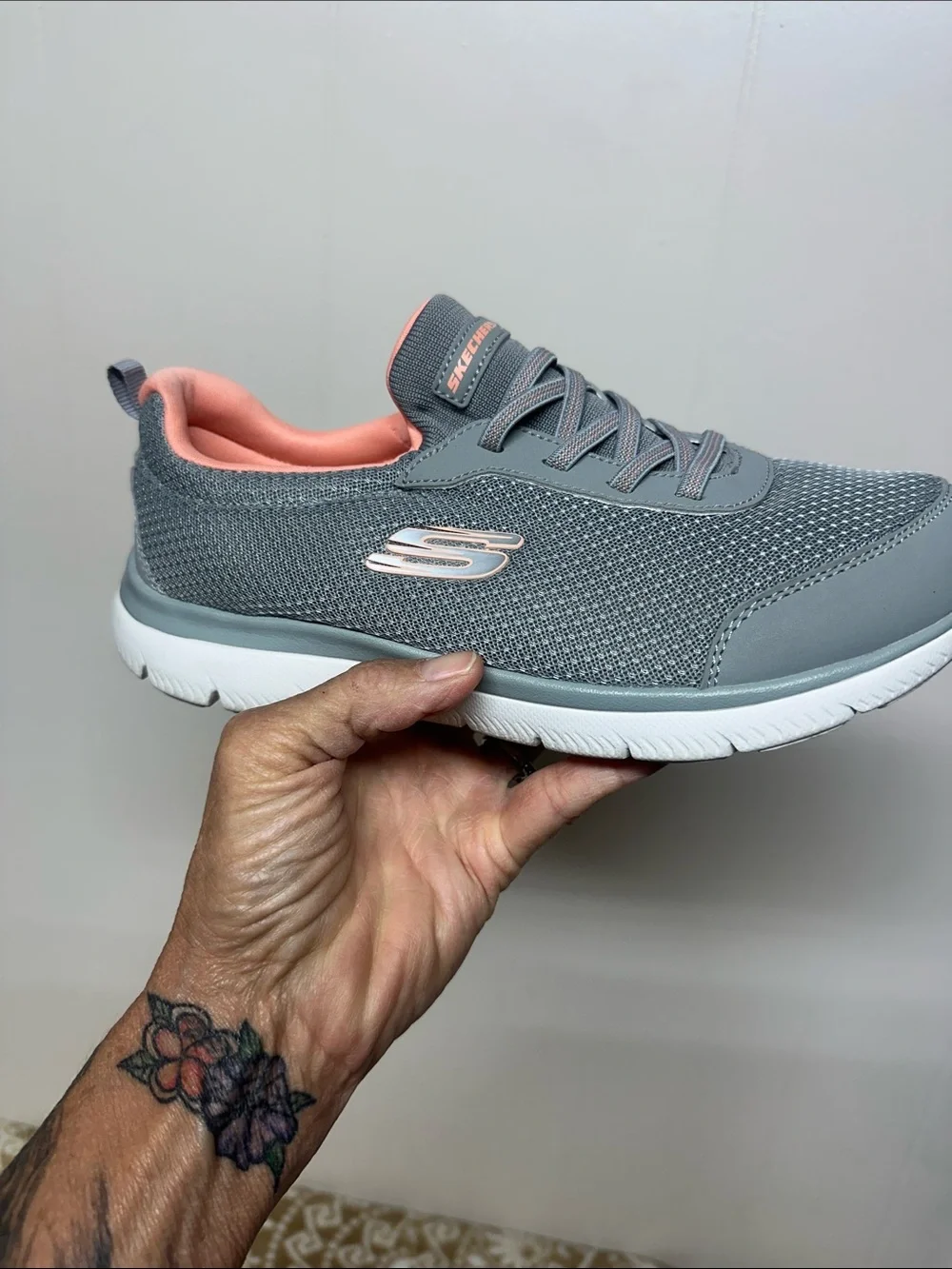 Skechers Gray with Coral Lined Slip-On Lace Sneakers